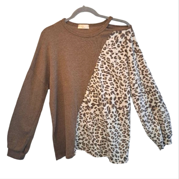 Perfect Colorblock Animal Print Leopard Cold Shoulder Long Sleeves Size Medium - Picture 1 of 6